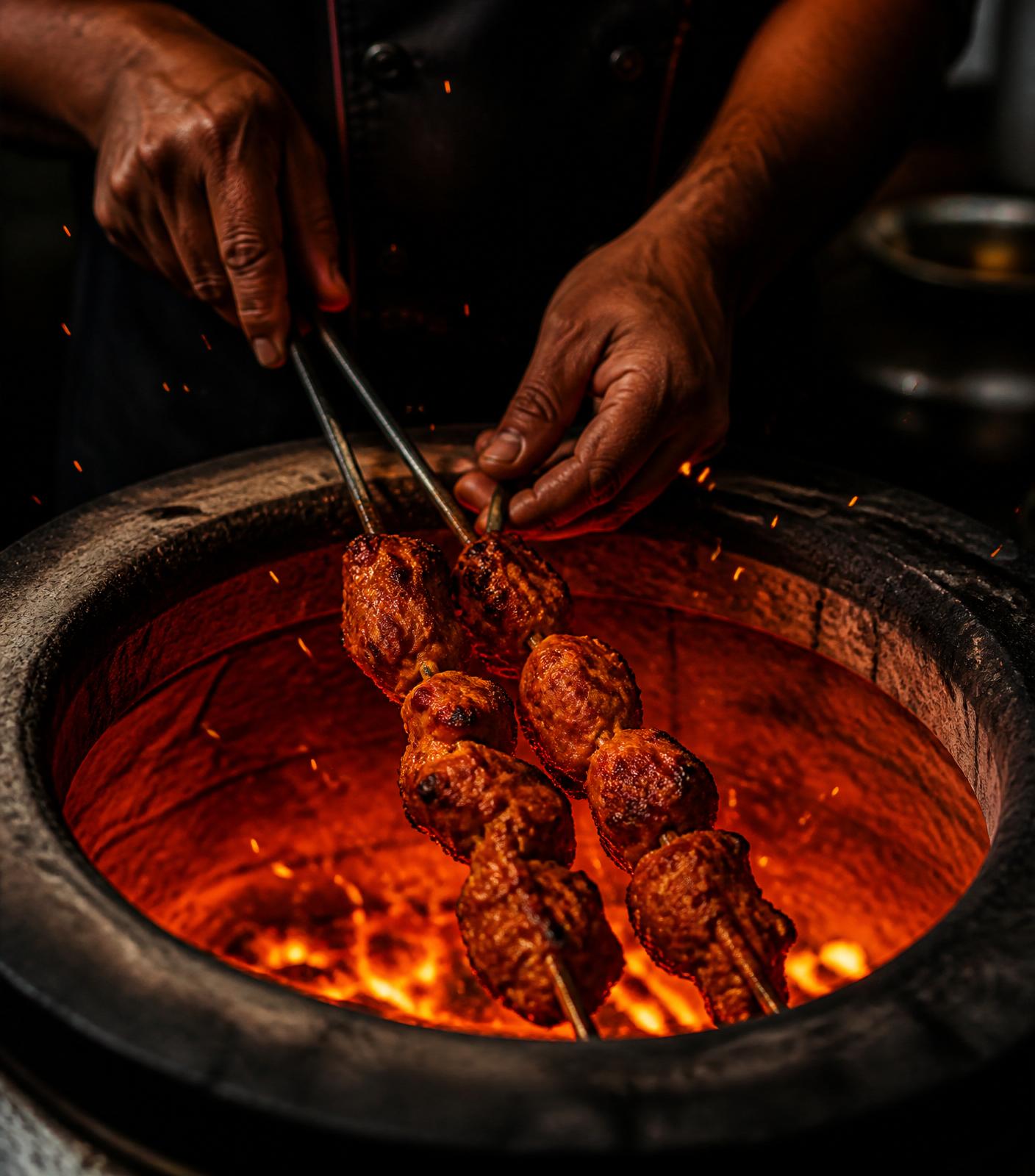 Chef placing chicken tikka into a clay tandoor oven
